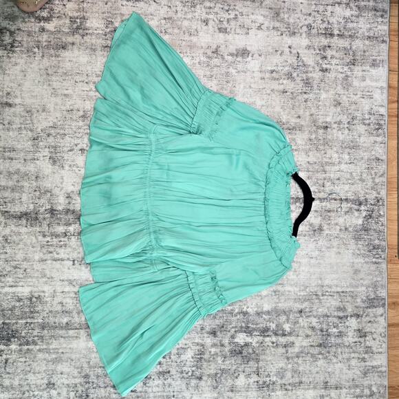 Mustard Seed Blouse Womens Large Green Bell Sleeve Ruffle Peplum Drawstring Top - Picture 8 of 10